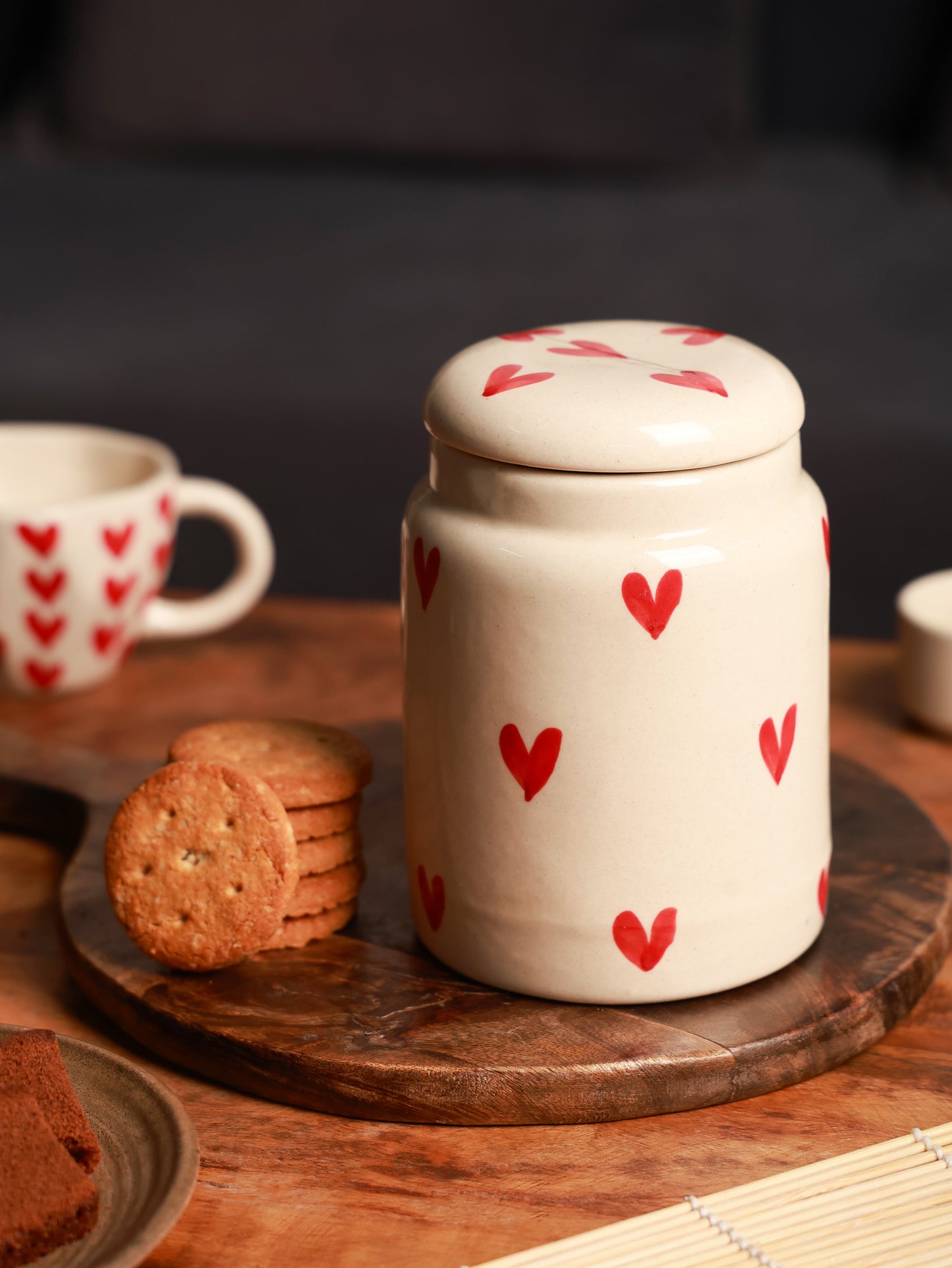laal chitthi (handcrafted ceramic jar with painted red hearts)