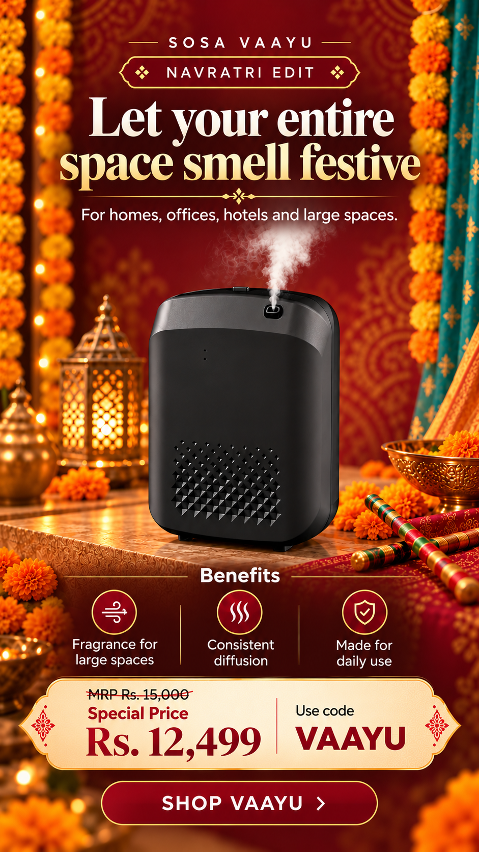 SOSA Vaayu - Home & Hotel Scent Diffuser | Waterless Cold-Air Machine | Perfect for Villas & Hotel Reception| Bluetooth App + Timer