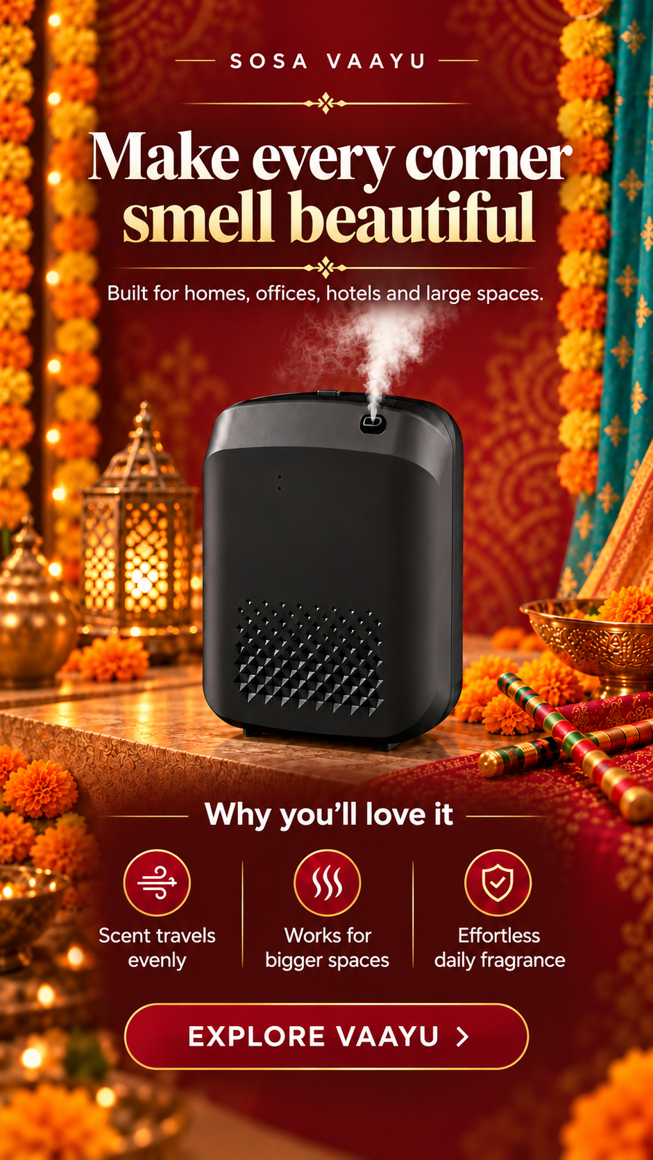 SOSA Vaayu - Home & Hotel Scent Diffuser | Waterless Cold-Air Machine | Perfect for Villas & Hotel Reception| Bluetooth App + Timer