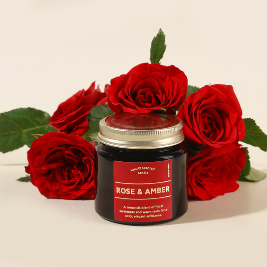 amber rose scented soy candle in amber jar

