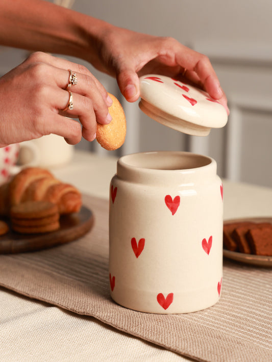 laal chitthi (handcrafted ceramic jar with painted red hearts)